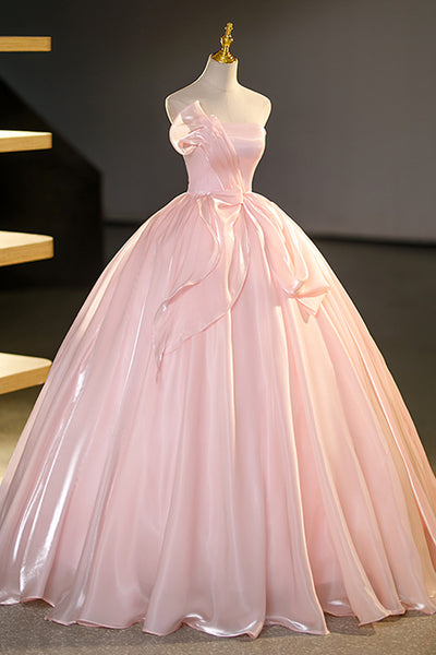 Strapless Pink Satin Long Prom Dresses, Long Pink Formal Evening Dresses, Pink Ball Gown WT1230