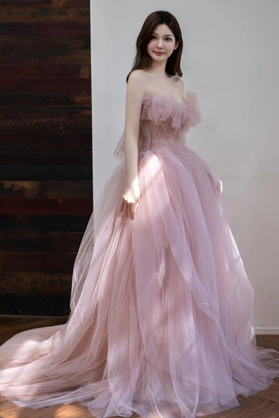 Strapless Pink Tulle Long Prom Dresses, Pink Tulle Formal Graduation Evening Dresses WT1846