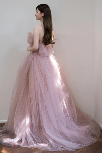Strapless Pink Tulle Long Prom Dresses, Pink Tulle Formal Graduation Evening Dresses WT1846