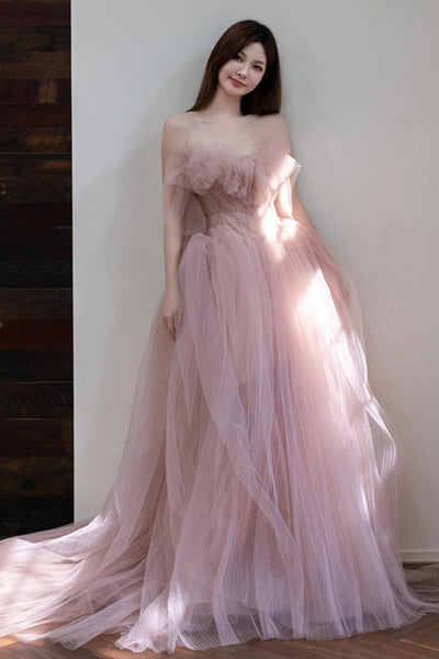 Strapless Pink Tulle Long Prom Dresses, Pink Tulle Formal Graduation Evening Dresses WT1846