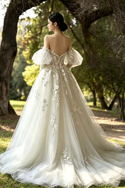 Strapless Sweetheart Neck White Lace Long Prom Dresses, White Lace Wedding Dresses WT1828