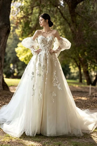 Strapless Sweetheart Neck White Lace Long Prom Dresses, White Lace Wedding Dresses WT1828