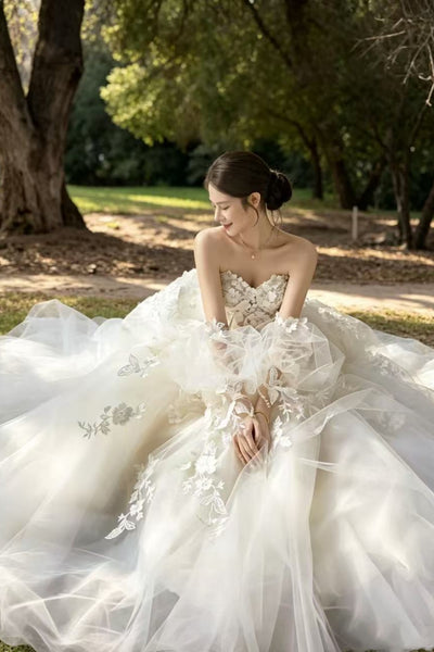 Strapless Sweetheart Neck White Lace Long Prom Dresses, White Lace Wedding Dresses WT1828
