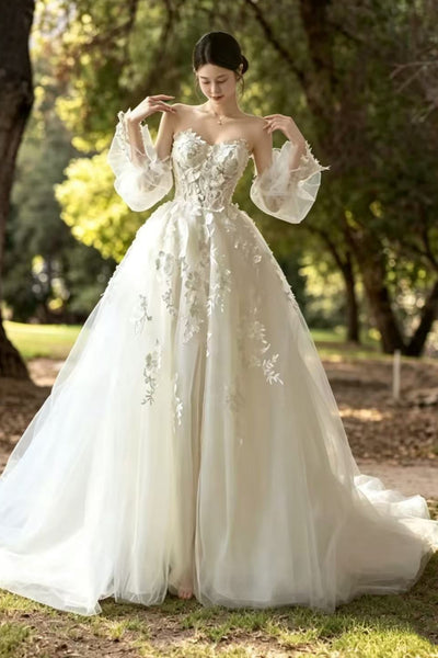 Strapless Sweetheart Neck White Lace Long Prom Dresses, White Lace Wedding Dresses WT1828