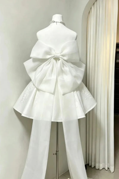 Strapless White Lace Short Prom Dresses with Bow Back, White Lace Homecoming Dresses WT1821
