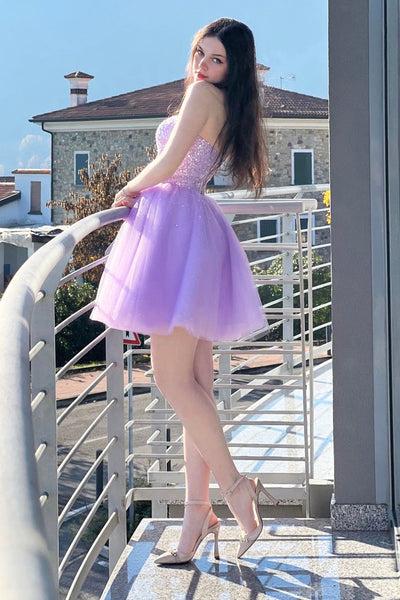Sweetheart Neck Purple Short Prom Dresses with Beadings, Strapless Lilac Homecoming Dresses, Purple Formal Evening Dresses WT1248