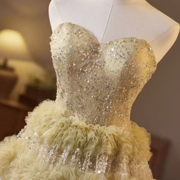 Sweetheart Neck Strapless Beaded Sage Long Prom Dresses, Sage Formal Evening Dresses, Beaded Ball Gown