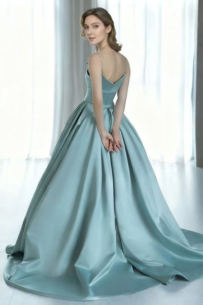 Teal Satin A Line Square Neck Long Prom Dresses with Pocket, Teal Formal Graduation Evening Dresses WT1720