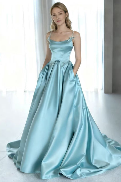 Teal Satin A Line Square Neck Long Prom Dresses with Pocket, Teal Formal Graduation Evening Dresses WT1720