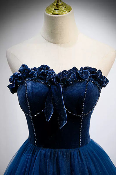 Unique Strapless Blue Tulle Long Prom Dresses, Blue Formal Evening Dresses, Ball Gown WT1234