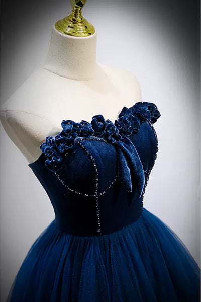 Unique Strapless Blue Tulle Long Prom Dresses, Blue Formal Evening Dresses, Ball Gown WT1234