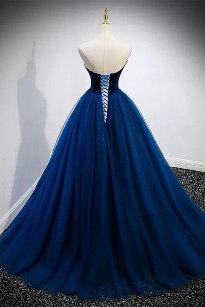 Unique Strapless Blue Tulle Long Prom Dresses, Blue Formal Evening Dresses, Ball Gown WT1234