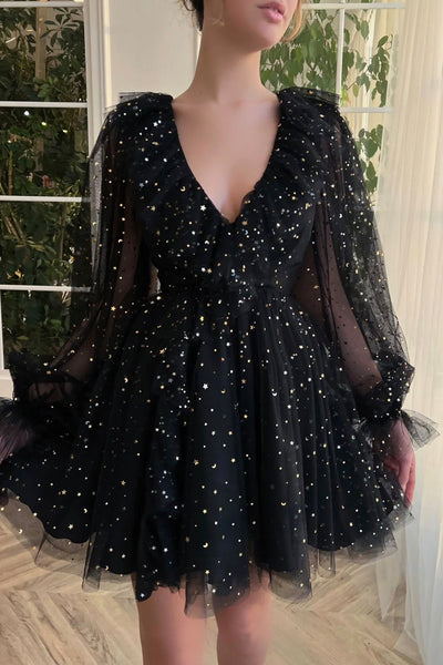 V Neck Long Sleeves Sequins Black Prom Dresses, Black Homecoming Dresses, Short Formal Evening Dresses WT1252