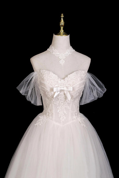 White A Line Off the Shoulder Lace Long Prom Dresses, White Lace Formal Dresses, Off Shoulder White Evening Dresses WT1680