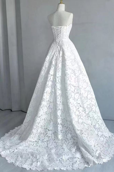 White Lace A Line Strapless Long Prom Dresses, White Lace Formal Dresses, White Evening Dresses WT1815