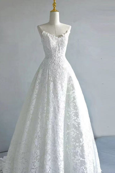 White Lace A Line Strapless Long Prom Dresses, White Lace Formal Dresses, White Evening Dresses WT1815