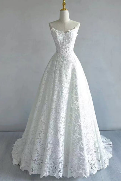 White Lace A Line Strapless Long Prom Dresses, White Lace Formal Dresses, White Evening Dresses WT1815