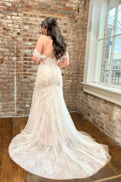 White Lace Off the Shoulder Mermaid Long Prom Dresses, Mermaid White Formal Dresses, White Lace Evening Dresses WT1766