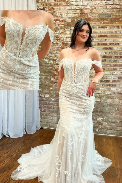 White Lace Off the Shoulder Mermaid Long Prom Dresses, Mermaid White Formal Dresses, White Lace Evening Dresses WT1766