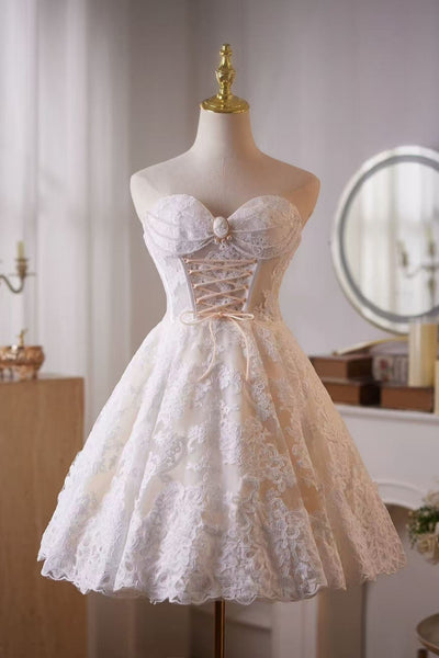 White Lace Strapless Sweetheart Neck Short Prom Dresses, White Lace Homecoming Dresses, White Formal Evening Dresses WT1818