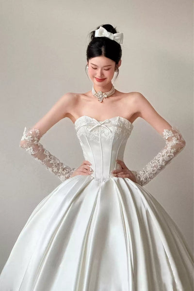 White Satin Strapless Lace Long Prom Dresses, White Lace Wedding Dresses, White Formal Evening Dresses WT1826