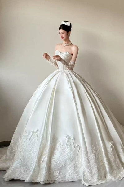 White Satin Strapless Lace Long Prom Dresses, White Lace Wedding Dresses, White Formal Evening Dresses WT1826