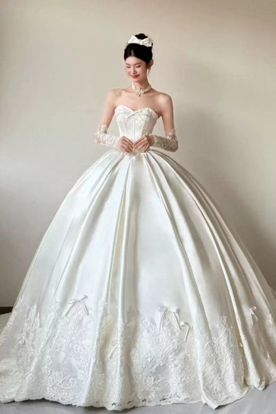 White Satin Strapless Lace Long Prom Dresses, White Lace Wedding Dresses, White Formal Evening Dresses WT1826