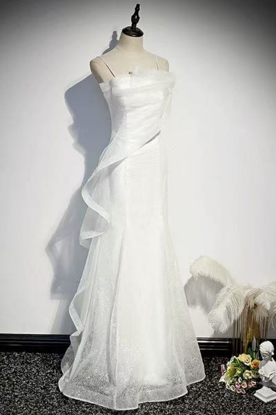 White Shiny Spaghetti Straps Mermaid Long Prom Dresses, Mermaid White Formal Dresses, White Evening Dresses