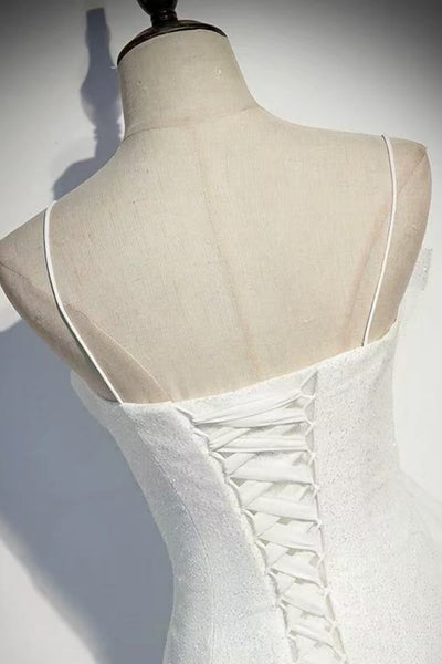 White Shiny Spaghetti Straps Mermaid Long Prom Dresses, Mermaid White Formal Dresses, White Evening Dresses