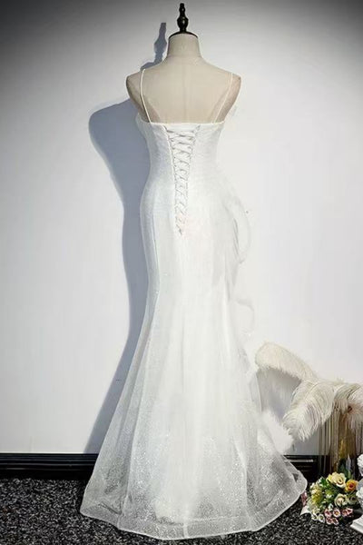 White Shiny Spaghetti Straps Mermaid Long Prom Dresses, Mermaid White Formal Dresses, White Evening Dresses
