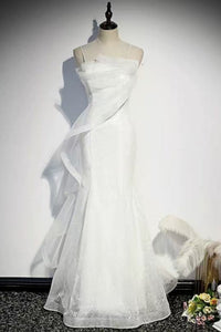 White Shiny Spaghetti Straps Mermaid Long Prom Dresses, Mermaid White Formal Dresses, White Evening Dresses