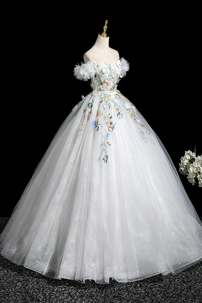 White Tulle A Line Off the Shoulder Long Prom Dresses with Appliques, Off Shoulder White Formal Evening Dresses WT1648