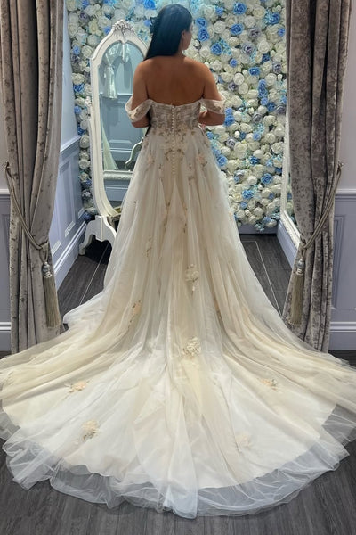 White Tulle Off the Shoulder Floral Long Prom Dresses, White Formal Evening Dresses with 3D Flowers WT1706