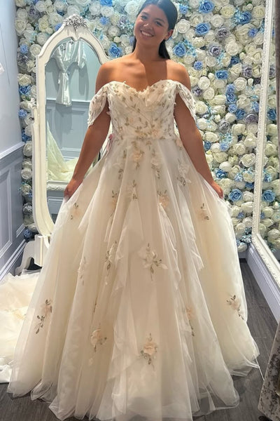 White Tulle Off the Shoulder Floral Long Prom Dresses, White Formal Evening Dresses with 3D Flowers WT1706