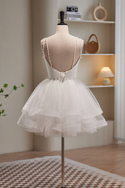 White V Neck Open Back Beaded Short Prom Dresses, V Neck White Homecoming Dresses, Ivory Formal Graduation Evening Dresses WT1250