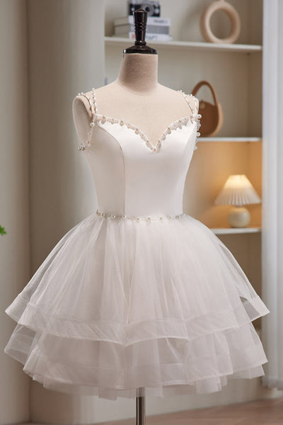 White V Neck Open Back Beaded Short Prom Dresses, V Neck White Homecoming Dresses, Ivory Formal Graduation Evening Dresses WT1250