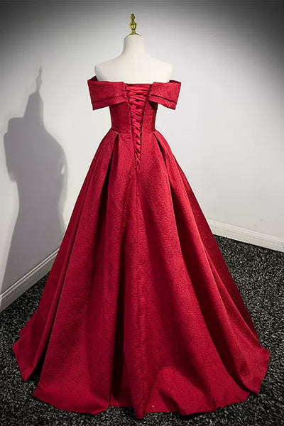 Wine Red Satin Off the Shoulder Long Prom Dresses, Off Shoulder Burgundy Formal Graduation Evening Dresses WT1242