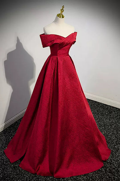 Wine Red Satin Off the Shoulder Long Prom Dresses, Off Shoulder Burgundy Formal Graduation Evening Dresses WT1242