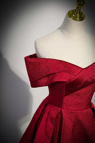 Wine Red Satin Off the Shoulder Long Prom Dresses, Off Shoulder Burgundy Formal Graduation Evening Dresses WT1242