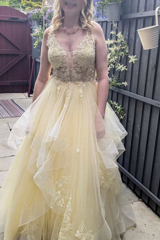 Yellow A Line V Neck Lace Long Prom Dresses, Yellow Lace Formal Graduation Evening Dresses WT1700