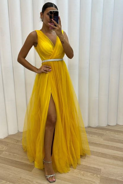 Yellow A Line V Neck Tulle Long Prom Dresses with High Slit, Yellow Formal Dresses with Belt, Yellow Evening Dresses WT1400