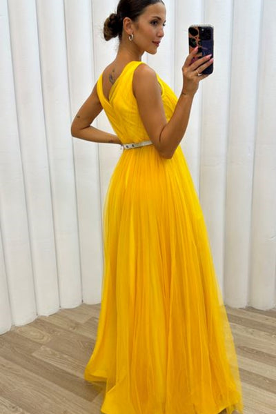 Yellow A Line V Neck Tulle Long Prom Dresses with High Slit, Yellow Formal Dresses with Belt, Yellow Evening Dresses WT1400