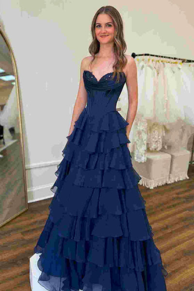 Yellow/Navy Blue Chiffon Strapless Ruffle Long Prom Dresses with High Slit, Yellow/Navy Blue Formal Graduation Evening Dresses WT1550