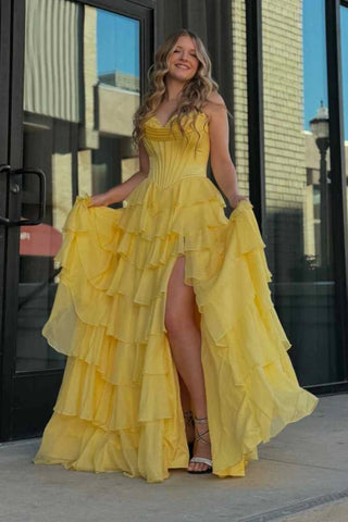 Yellow/Navy Blue Chiffon Strapless Ruffle Long Prom Dresses with High Slit, Yellow/Navy Blue Formal Graduation Evening Dresses WT1550