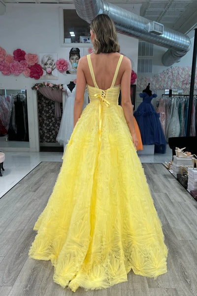 Yellow/Pink Unique A Line V Neck Open Back Long Prom Dresses, Long Yellow/Pink Formal Graduation Evening Dresses WT1324