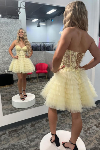 Yellow Princess Strapless Ruffle Tulle Prom Dresses, Yellow Lace Homecoming Dresses, Short Yellow Formal Evening Dresses WT1497