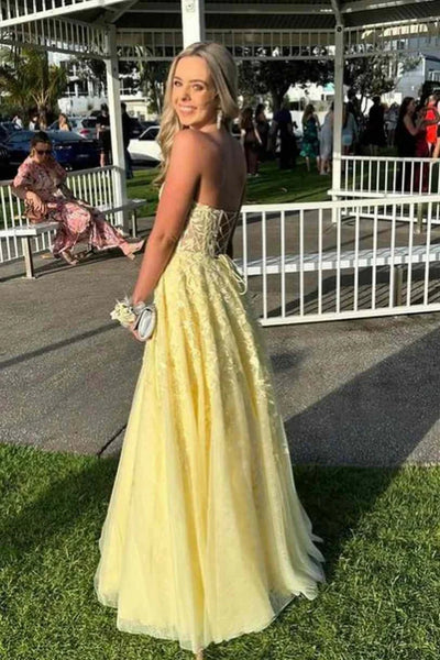 Yellow/Red Strapless Lace Long Prom Dresses, Yellow/Red Lace Formal Graduation Evening Dresses WT1542