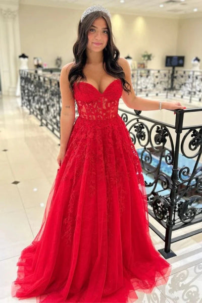 Yellow/Red Strapless Lace Long Prom Dresses, Yellow/Red Lace Formal Graduation Evening Dresses WT1542