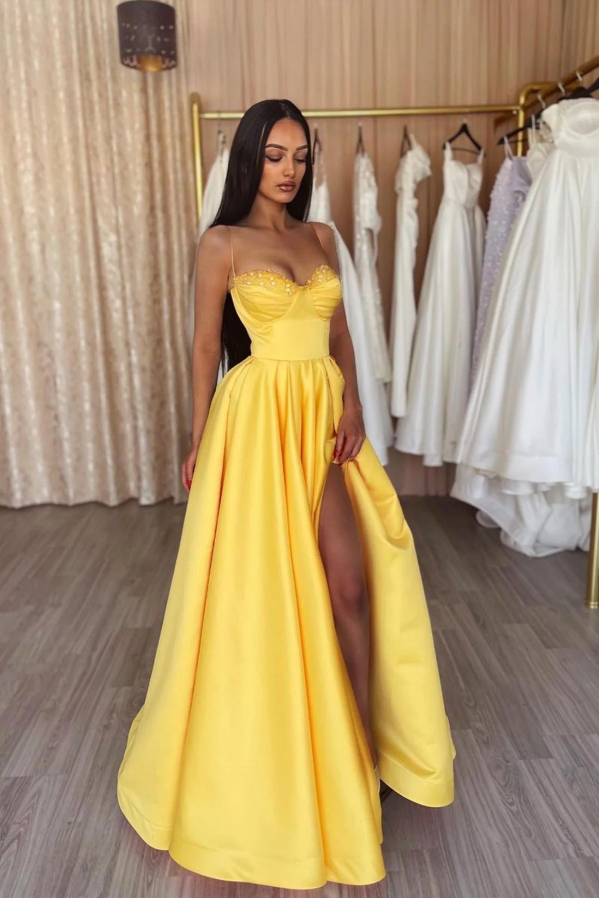 Yellow Satin A Line Spaghetti Straps Sequins Long Prom Dresses with High Slit, Long Yellow Formal Graduation Evening Dresses WT1453