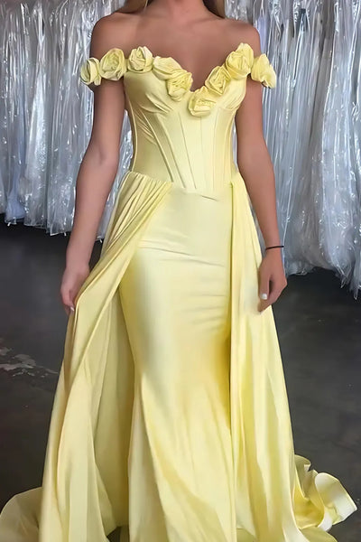 Yellow Satin Off the Shoulder Mermaid Long Prom Dresses with Flowers, Mermaid Yellow Formal Graduation Evening Dresses WT1686